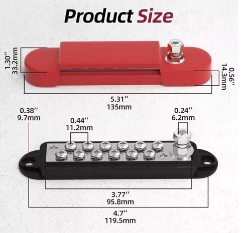 Contactstrip Distributieblok 12 punts Set rood en zwart met kap